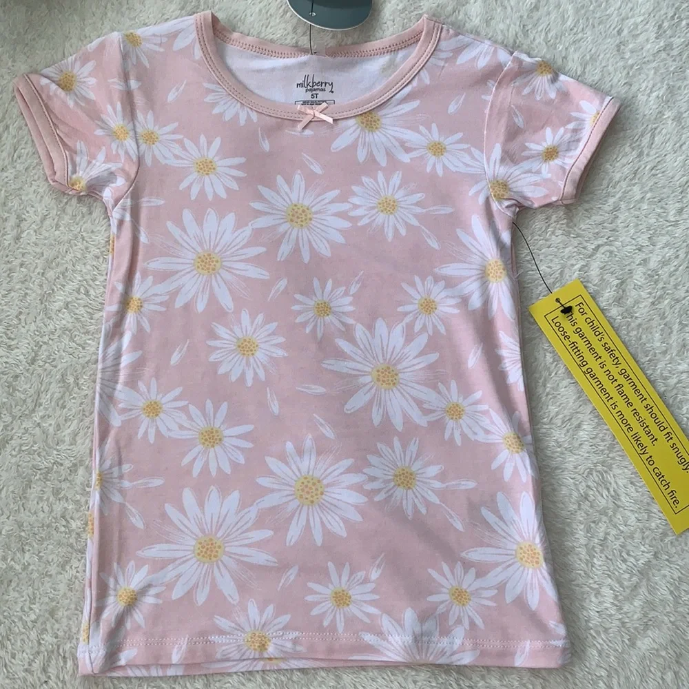 NWT Milkberry Pink Daisy Girls Pajamas 3T Bamboo Loungewear - Picture 3 of 7